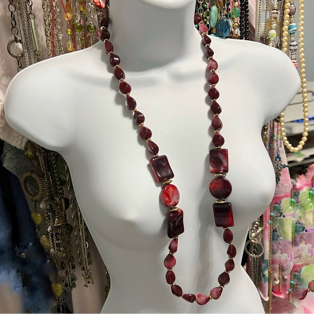 Chunky Red Beaded Necklace Geometric Mix Oval Square Rectangular Beads Ling Bold